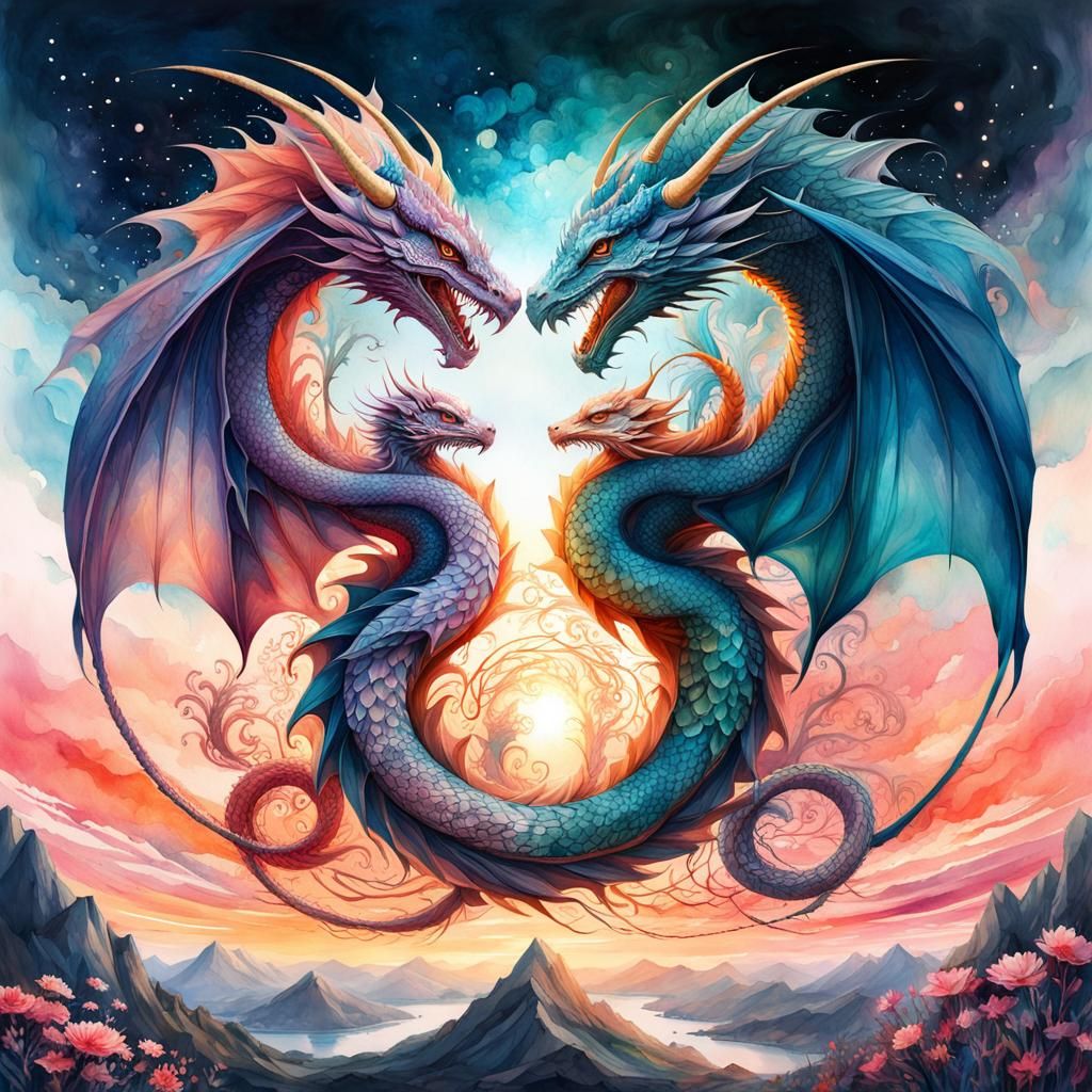 Intertwined Dragons in a Digital Watercolor Illustration