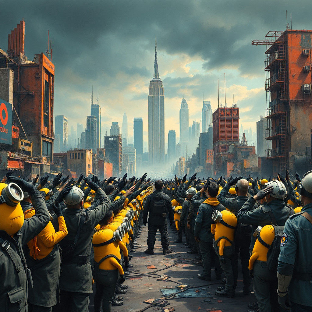 Minions Salute Authoritarian Leader in Cyberpunk Metropolis