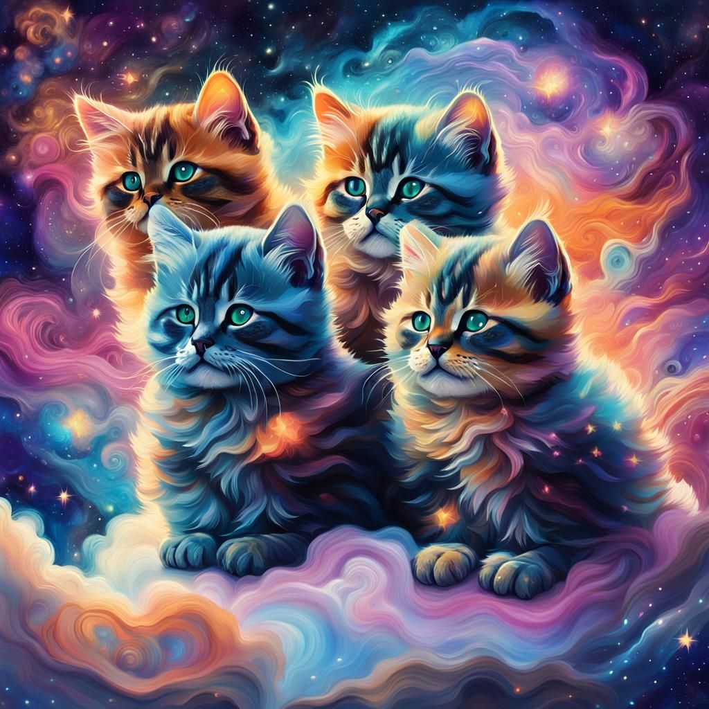 Cosmic Kittens on Nebula Cloud in Astral Art