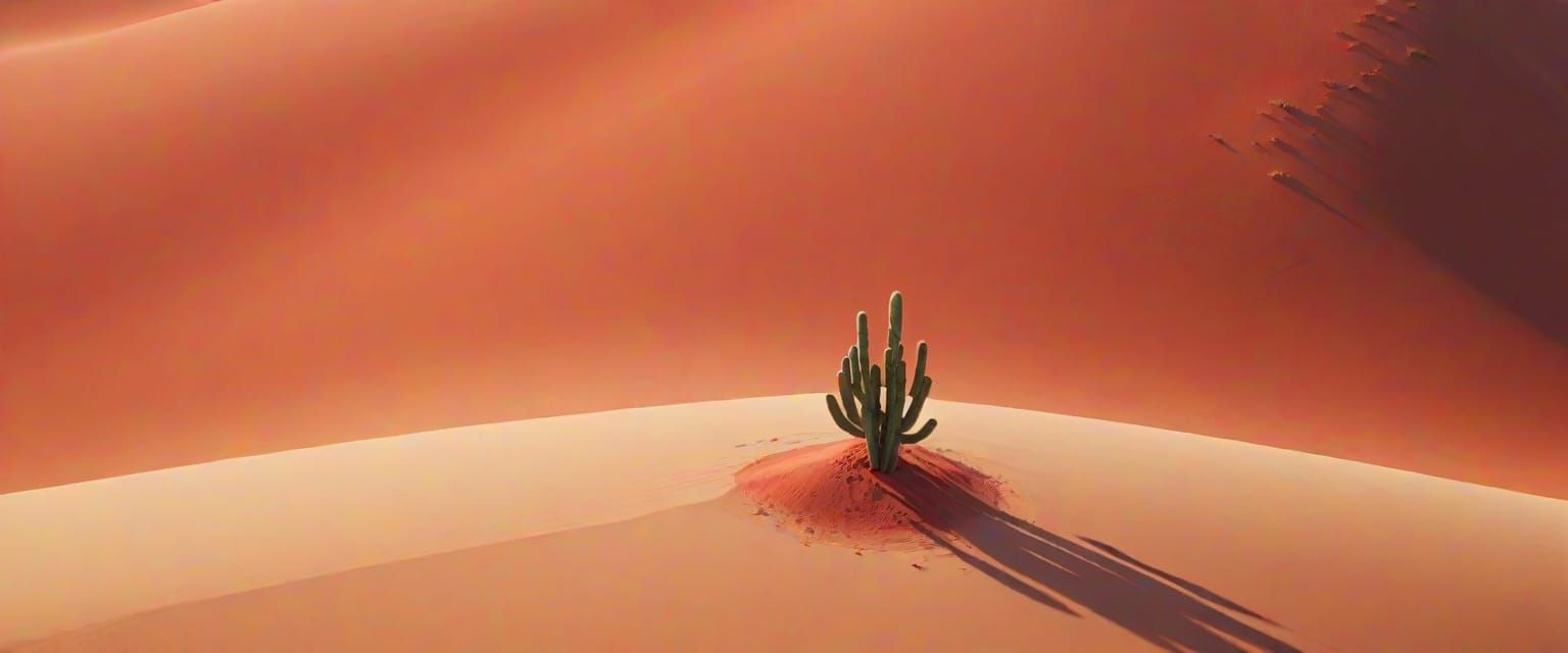 Minimalist Desert Landscape with Lone Cactus in Low-Poly Sty...