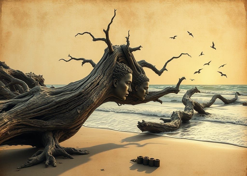 Driftwood Curling Eroded Olde-World Map, Charred and Rusty