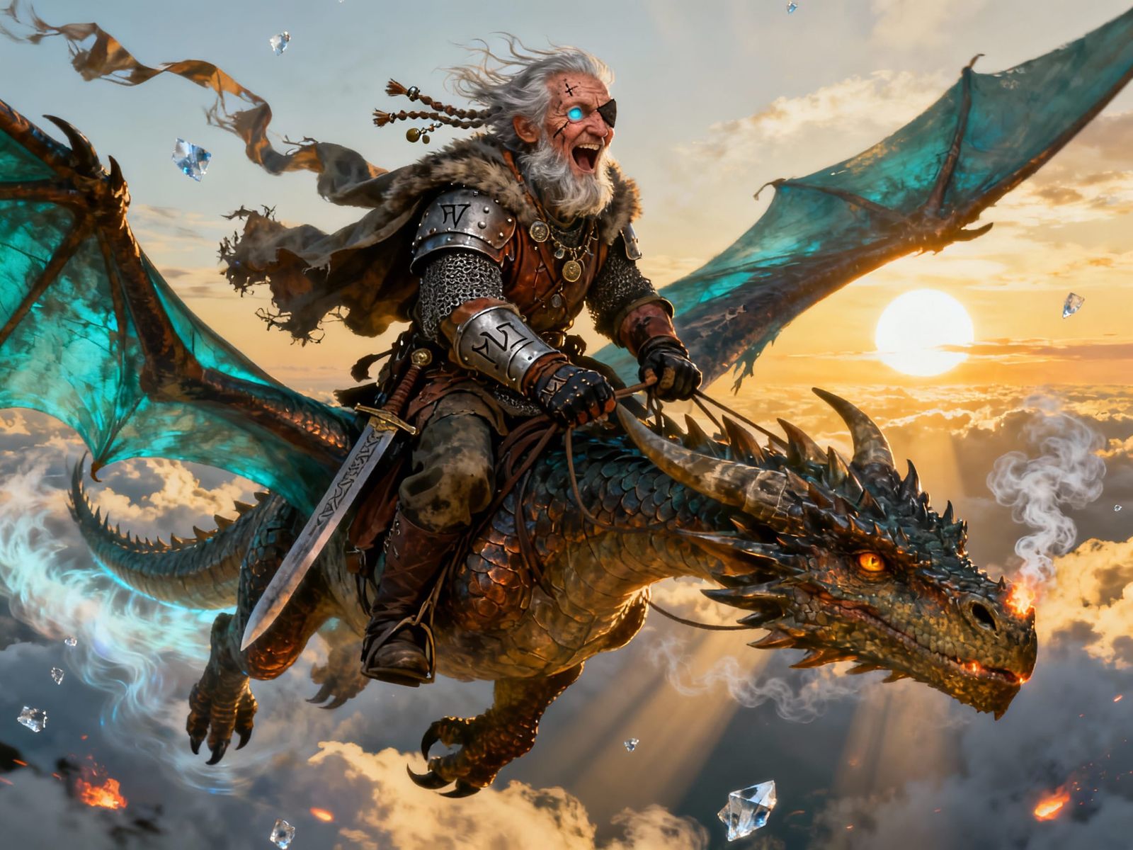 Elderly Dragon Tamer Riding Colossal Dragon Mid-Flight