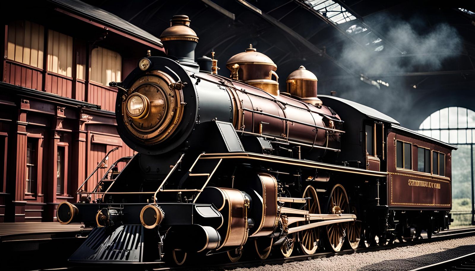 Steampunk Railroad Station and Engine in Cinematic Style