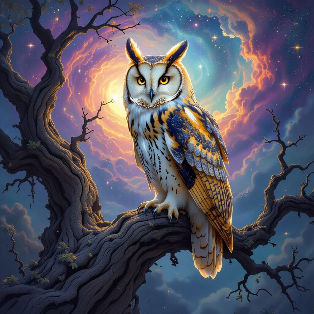 Golden Owl in Cosmic Nebula Landscape