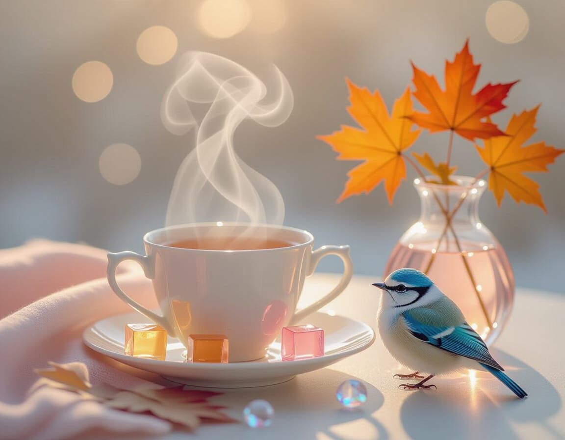 Hyperrealistic Tea Setting with Fluffy Micro Bird and Maple ...