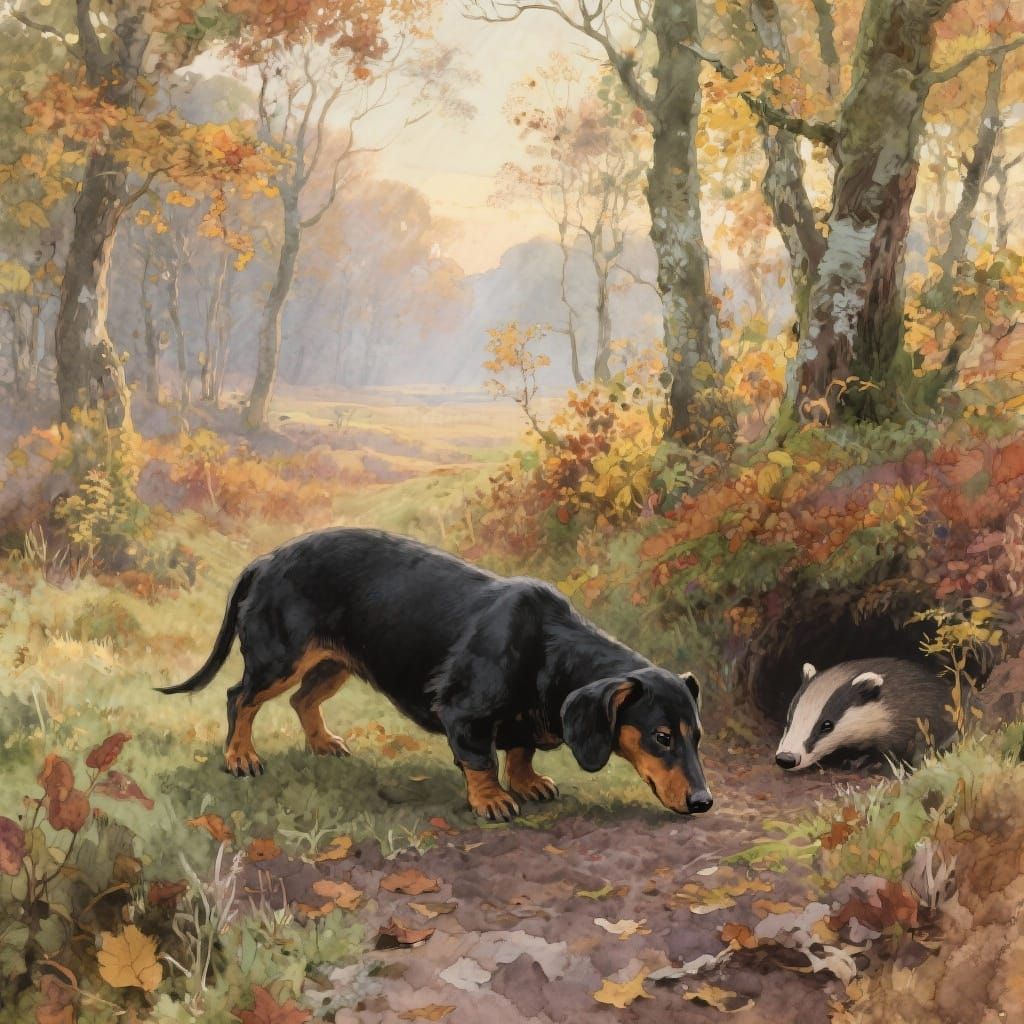Dachshund Sniffing Near Badger in Autumnal Copse