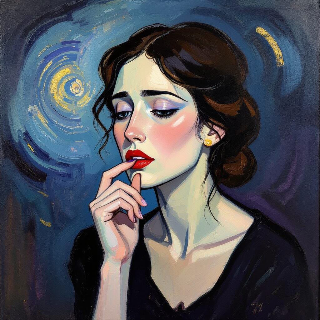 Pensive Woman Biting Tongue in Moody Impressionist Portrait