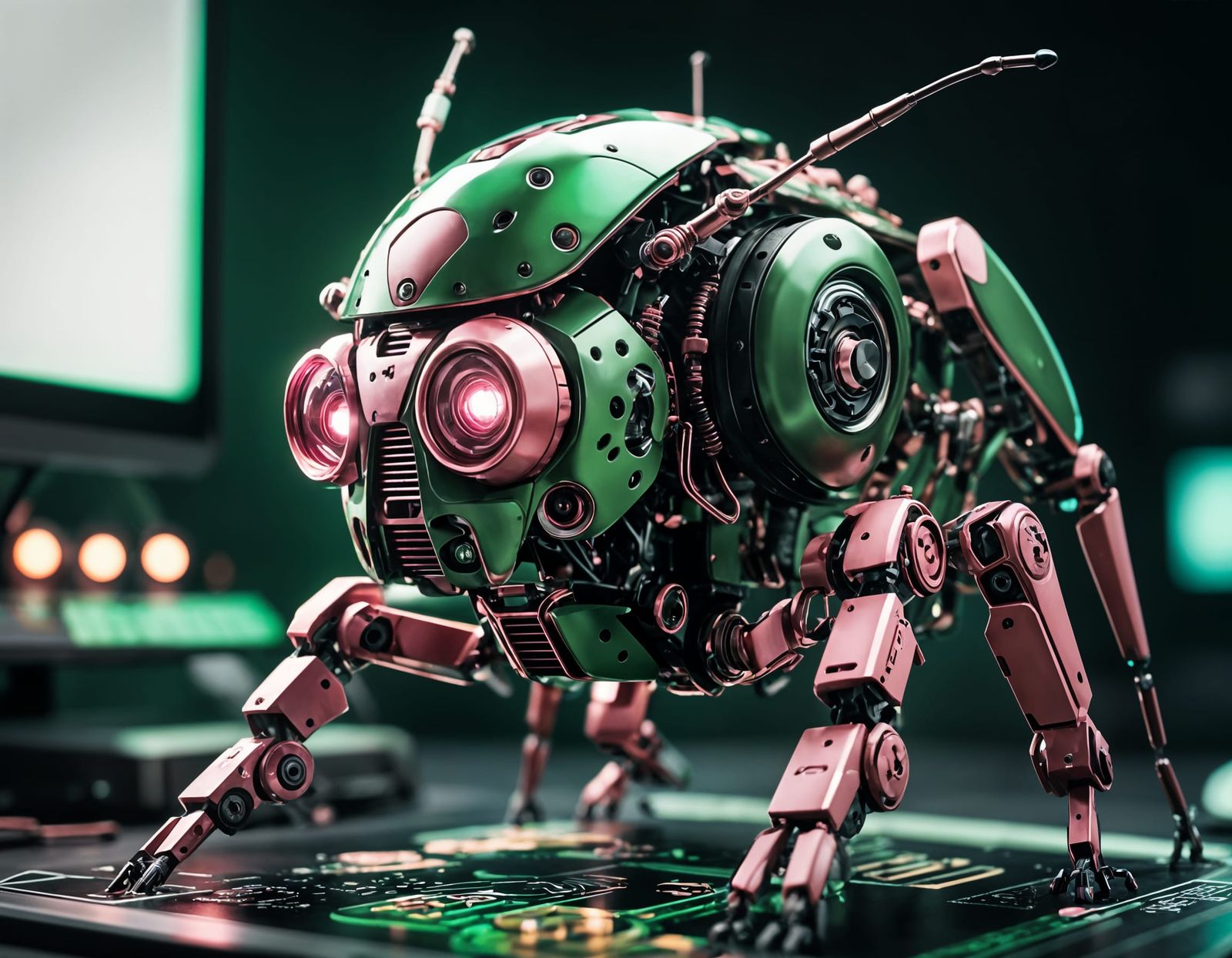 Pink and Green Mech Bug Robot on Circuit Board