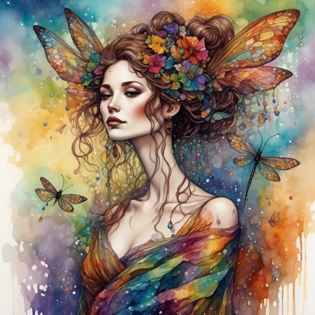 Rainbow Artist with Dragonfly Wings in Psychedelic Style