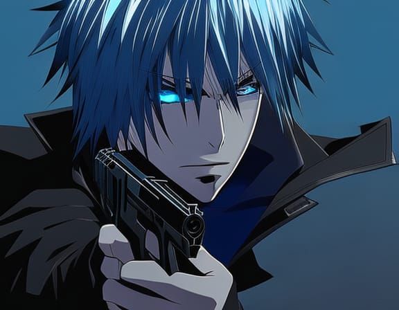 Anime Man with Silver Hair and Glowing Eyes