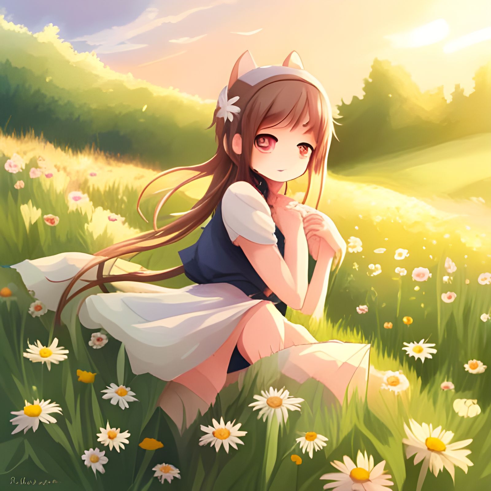 Anime Cat Girl in Flower Field