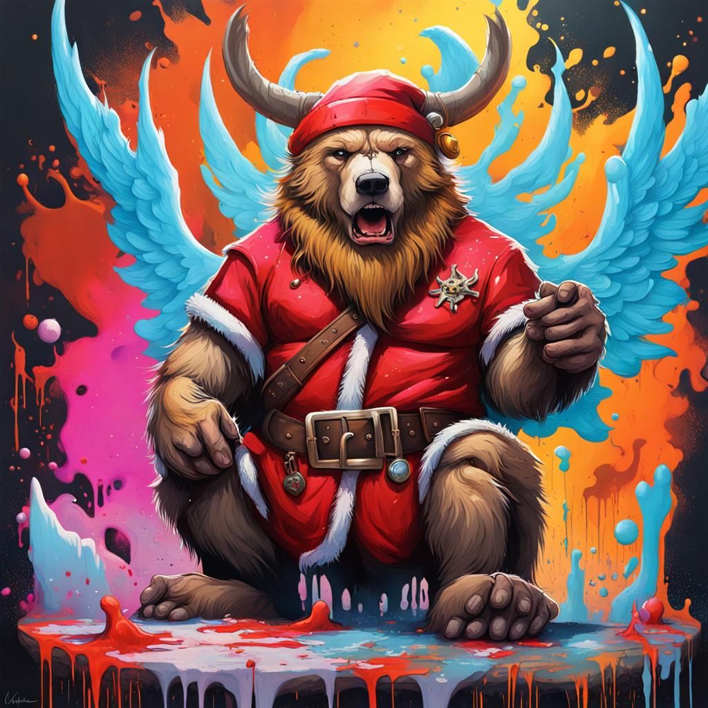 Viking Bear Santa vs Winged Demons in Graffiti Art