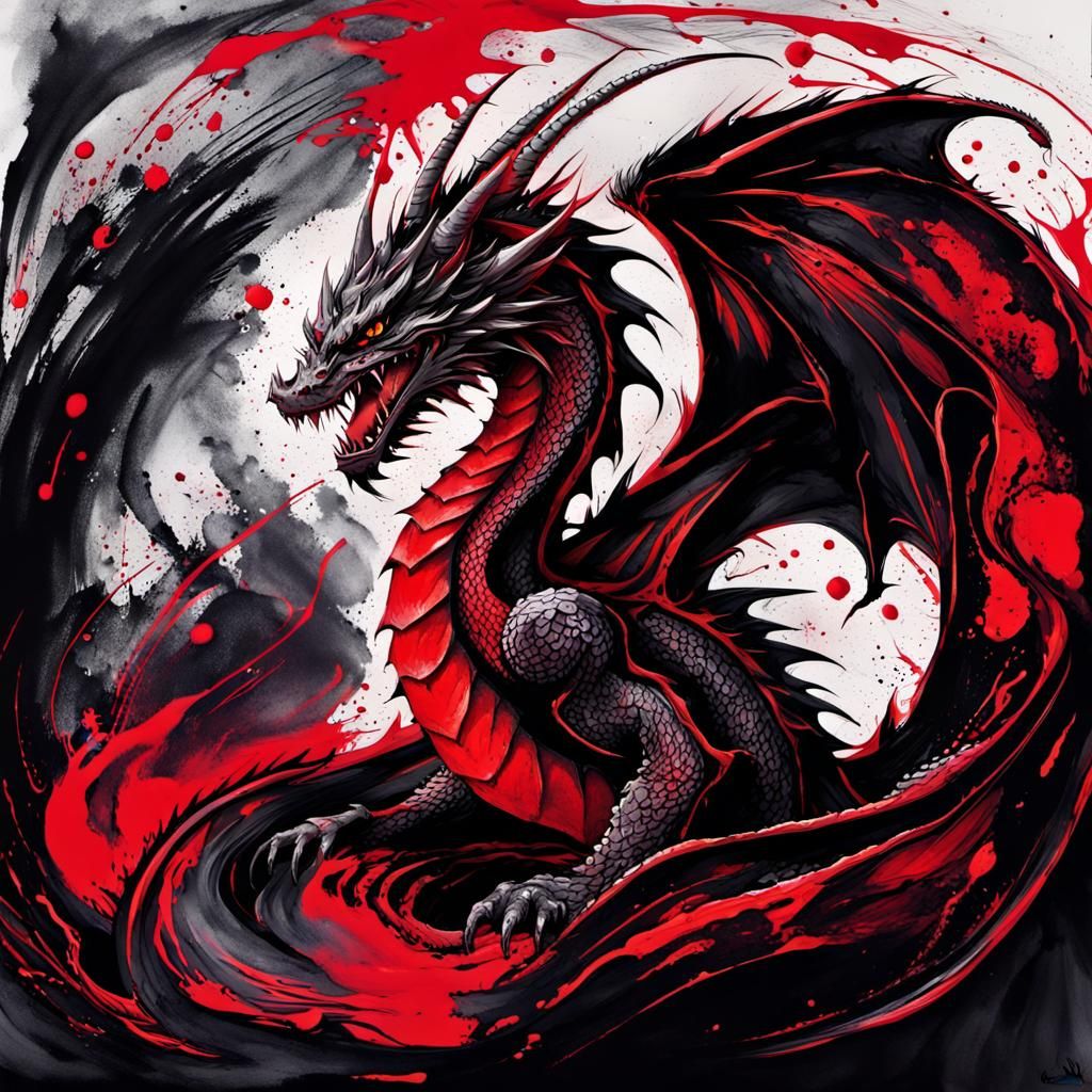 Furious Red and Black Dragon in Expressionist Ink