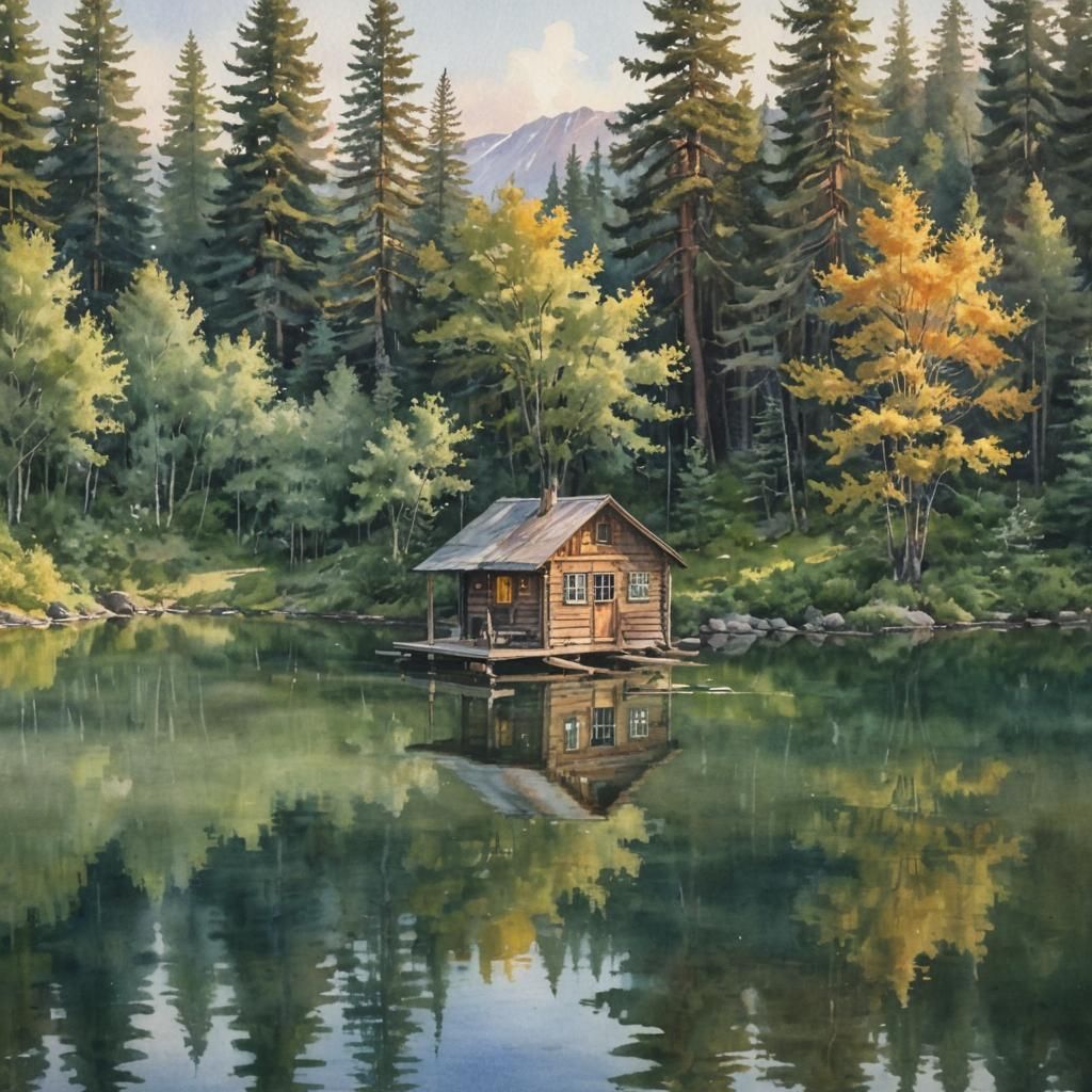 Watercolor Cabin Landscape with Serene Lake