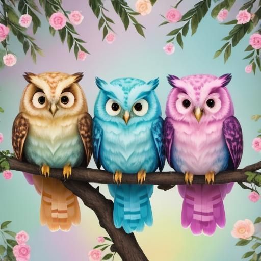 Adorable Pastel Owls on Branch: Colorful and Fluffy