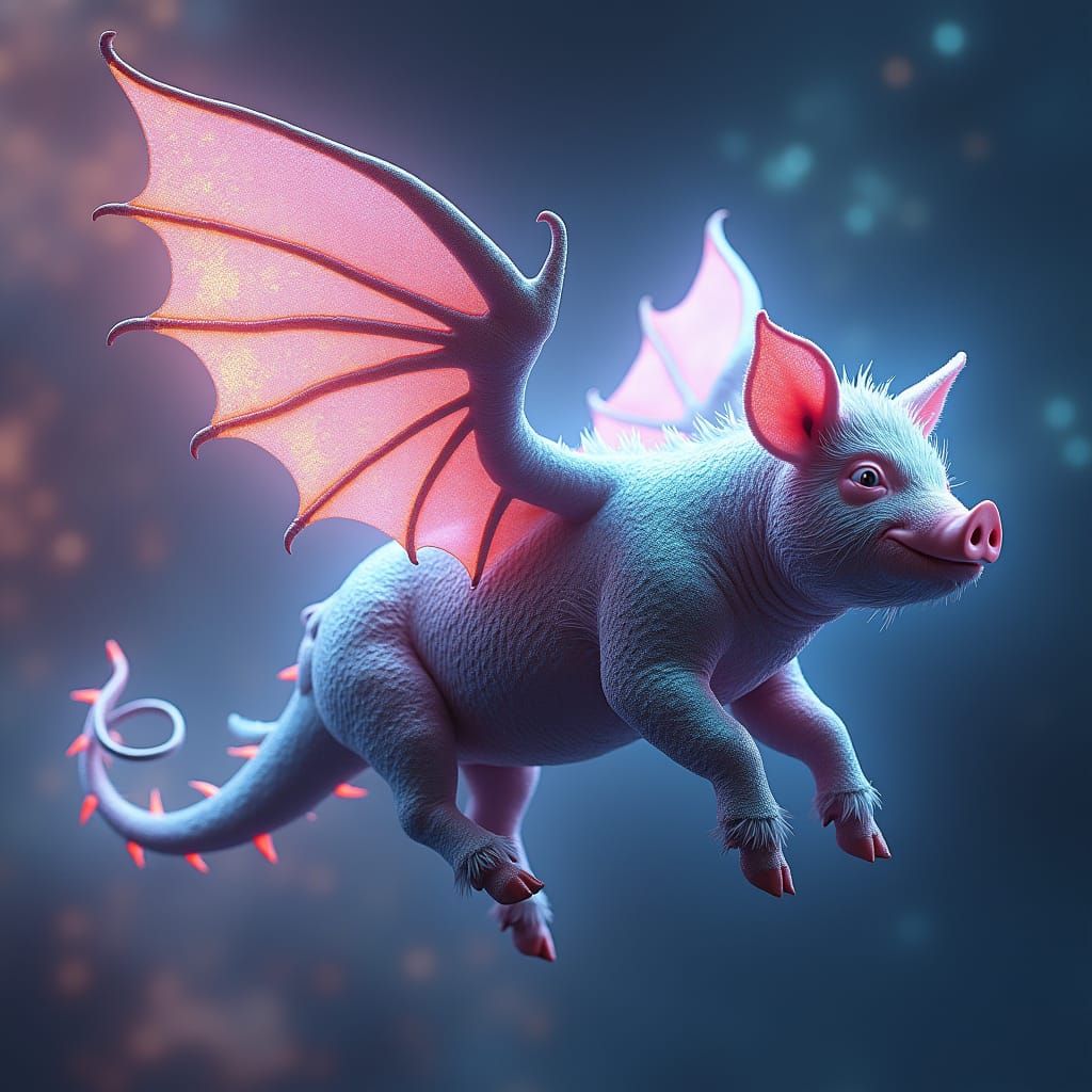 Pig with Dragon Wings Soaring in Space