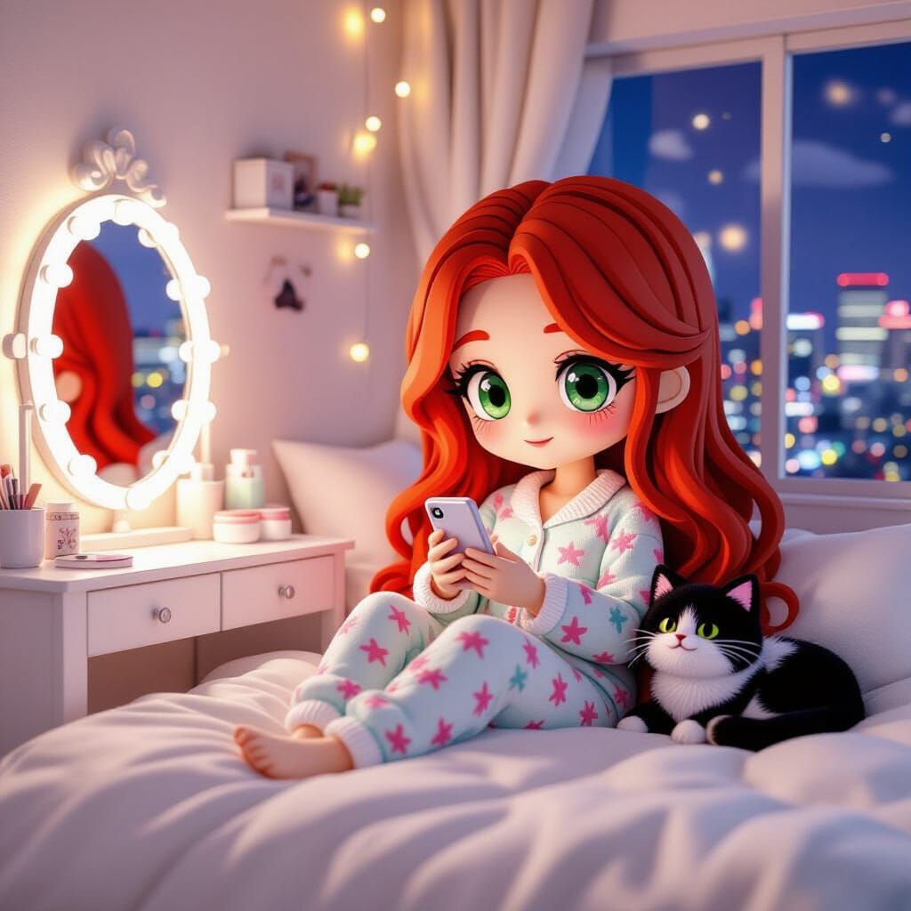 Chibi Woman in Yarn Art Bedroom Overlooking Shibuya