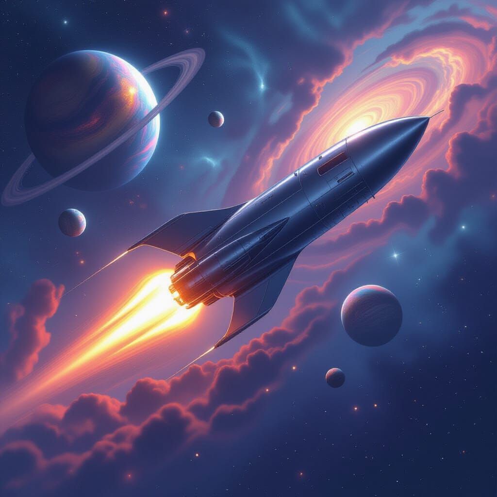 Rocket Launch in Starry Sky: Futuristic Digital Art