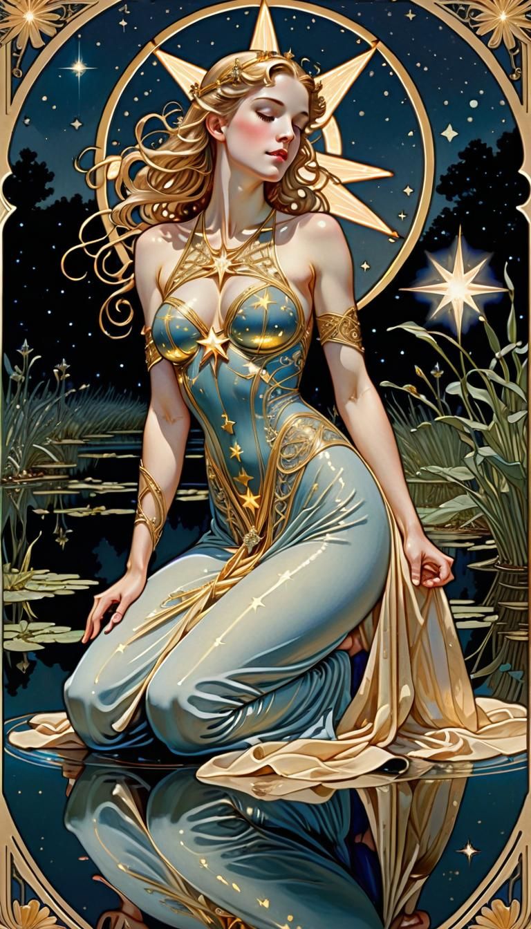 (Masterpiece:3.0), Tarot card, gold filigree border, The Sta...