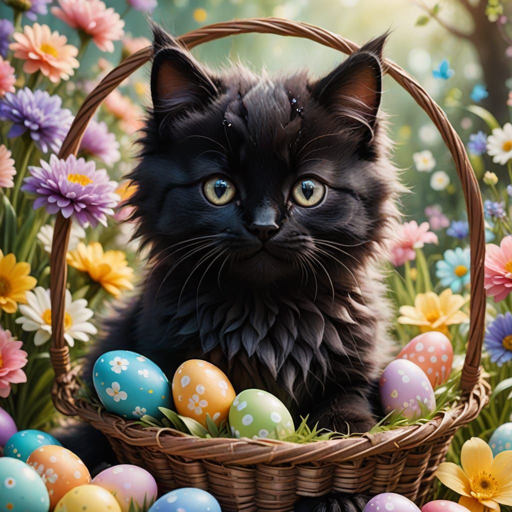 Whimsical Easter Fantasy with Black Fluffy Kitten