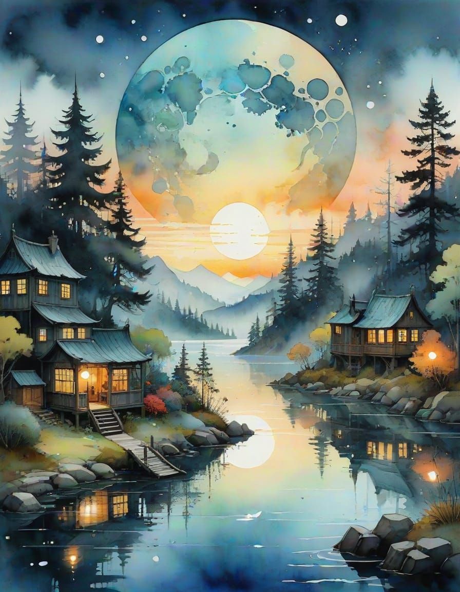 Ethereal Sunset Sky with Earth-Moon Yin Yang