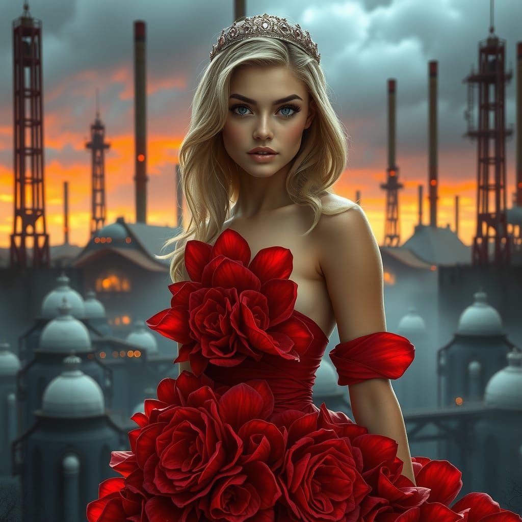 Regal Blonde Goddess in Red Rose Petal Dress, Cyberpunk City...