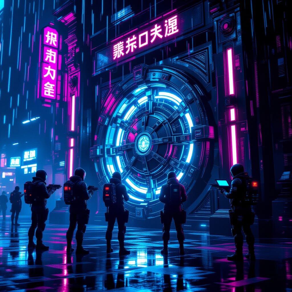 Cyberpunk Team Breaches Vault Door in Neon Metropolis