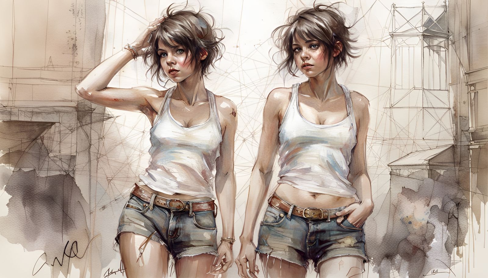 Detailed Graphite Art of a Brunette in Shorts