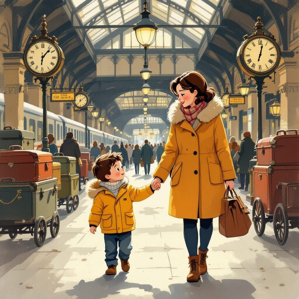 Boy and Mother at Train Station, Potter Style