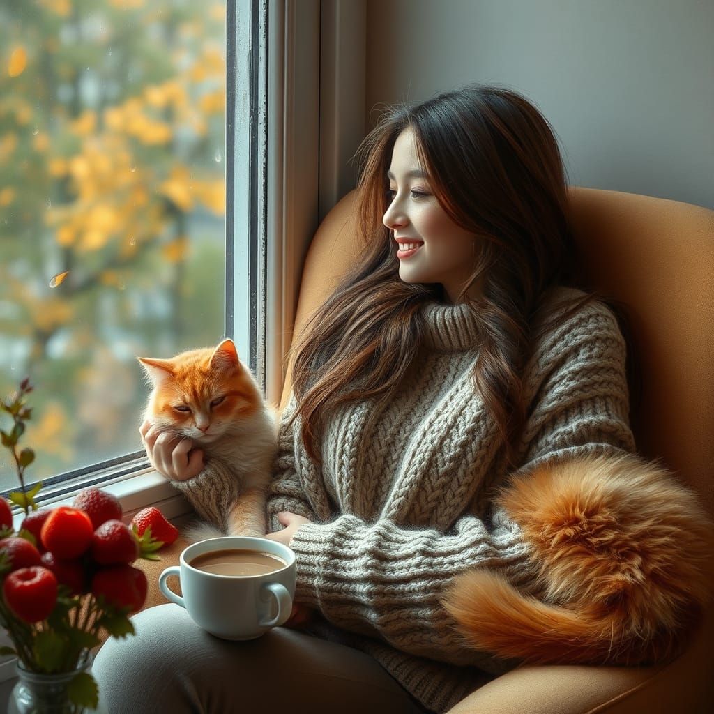 Woman Gazing out Window with Cat, Digital Painting