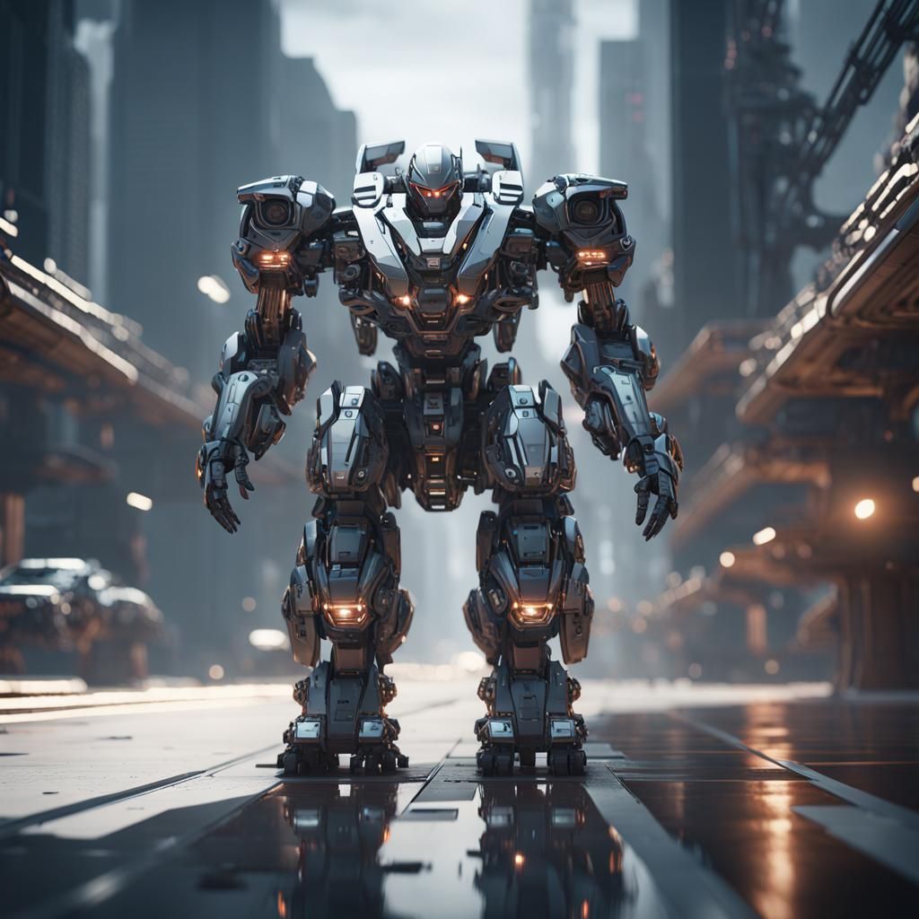 Man Driving Mech Suit in Futuristic Sci-Fi Style
