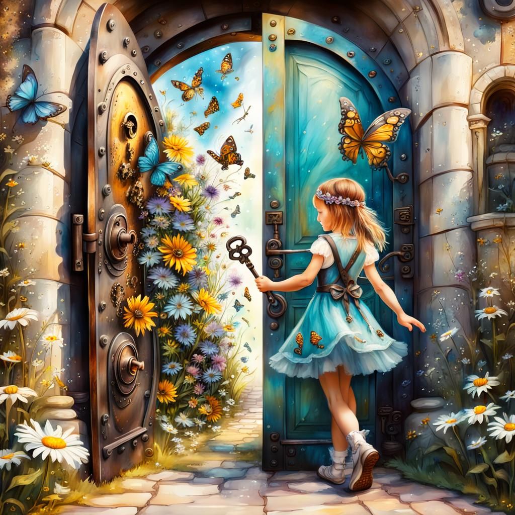 cute little girl opens a big metal heavy door with a big key, fairy flower garden  with daisies and butterflies, waterco...