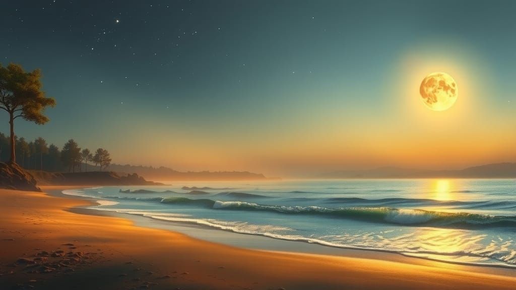 Serene Evening Landscape with Gentle Waves and Twinkling Sta...