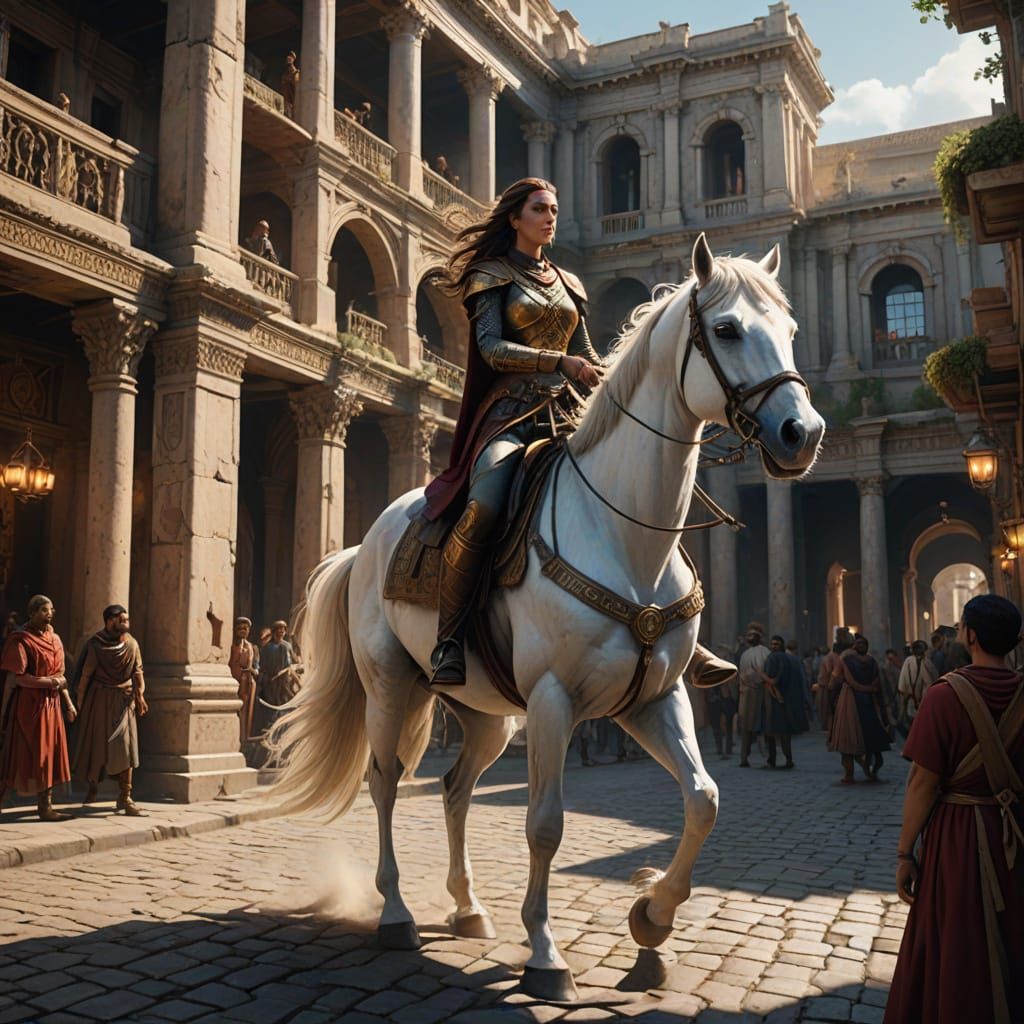 Ancient Roman Goddess Rides White Stallion in Sunlit Market