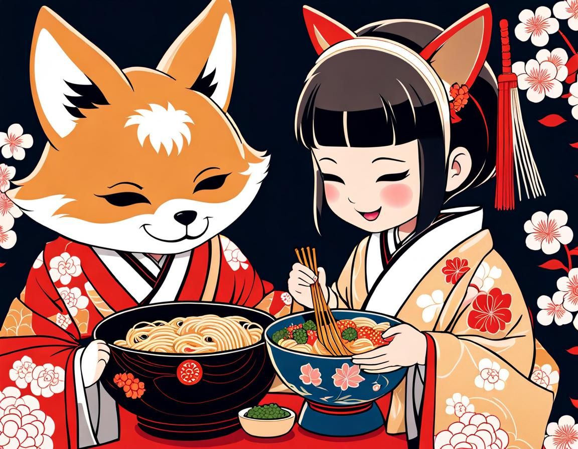 Kitsune and Girl Share Ramen in Kimono