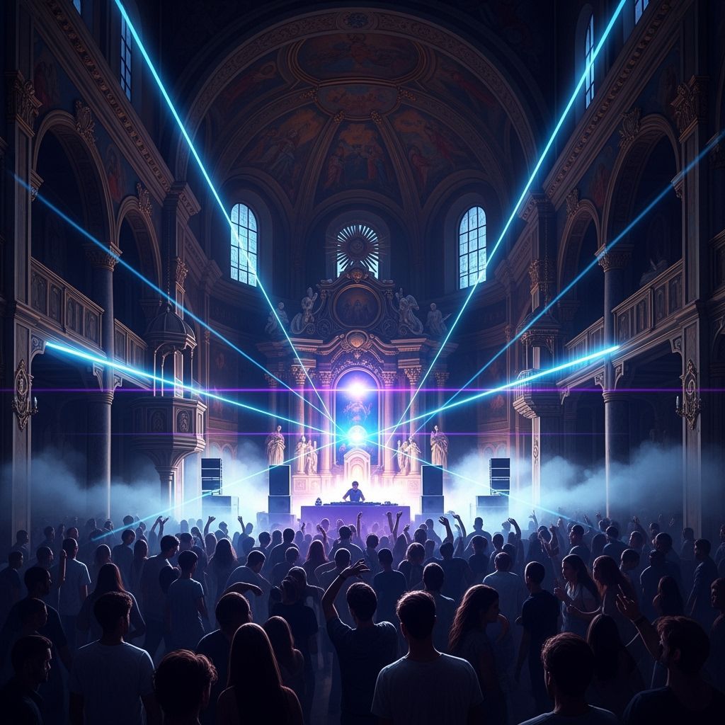 DJ Party in Abandoned Orthodox Church with Futuristic Lights