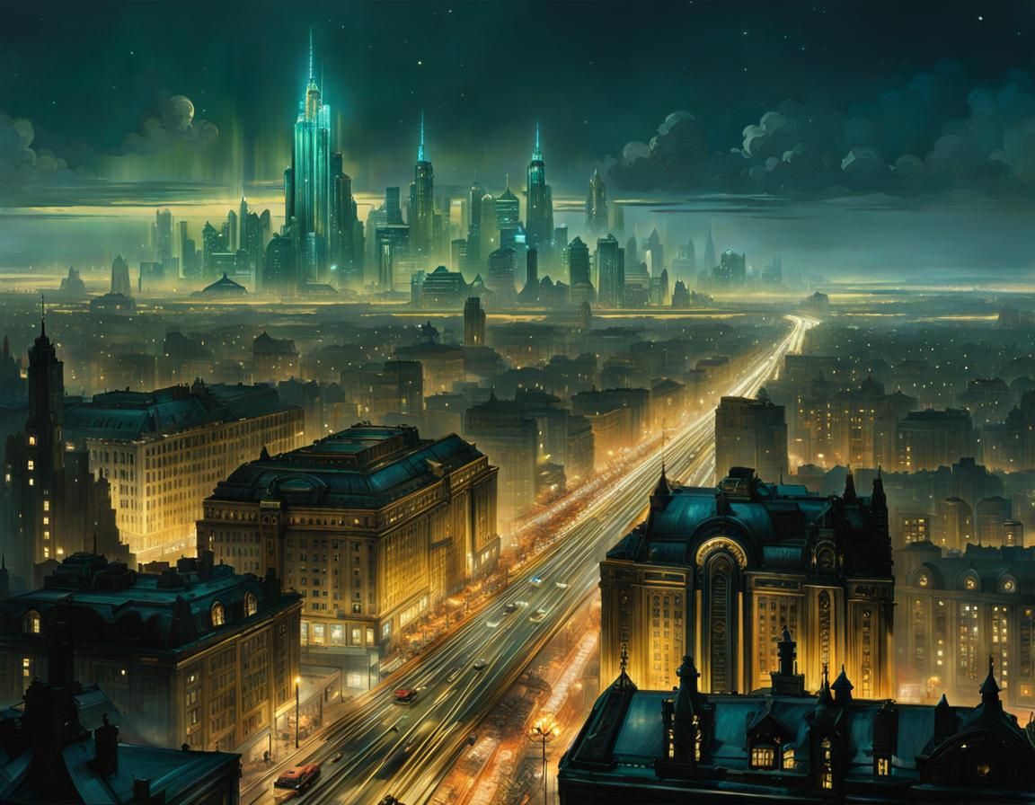 Dieselpunk Art Deco Cityscape at Night, Manga Style