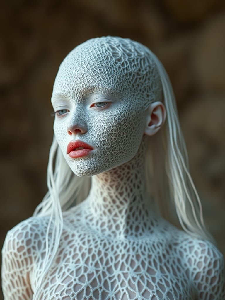 Albino Android Woman in Crochet and Rice Paper