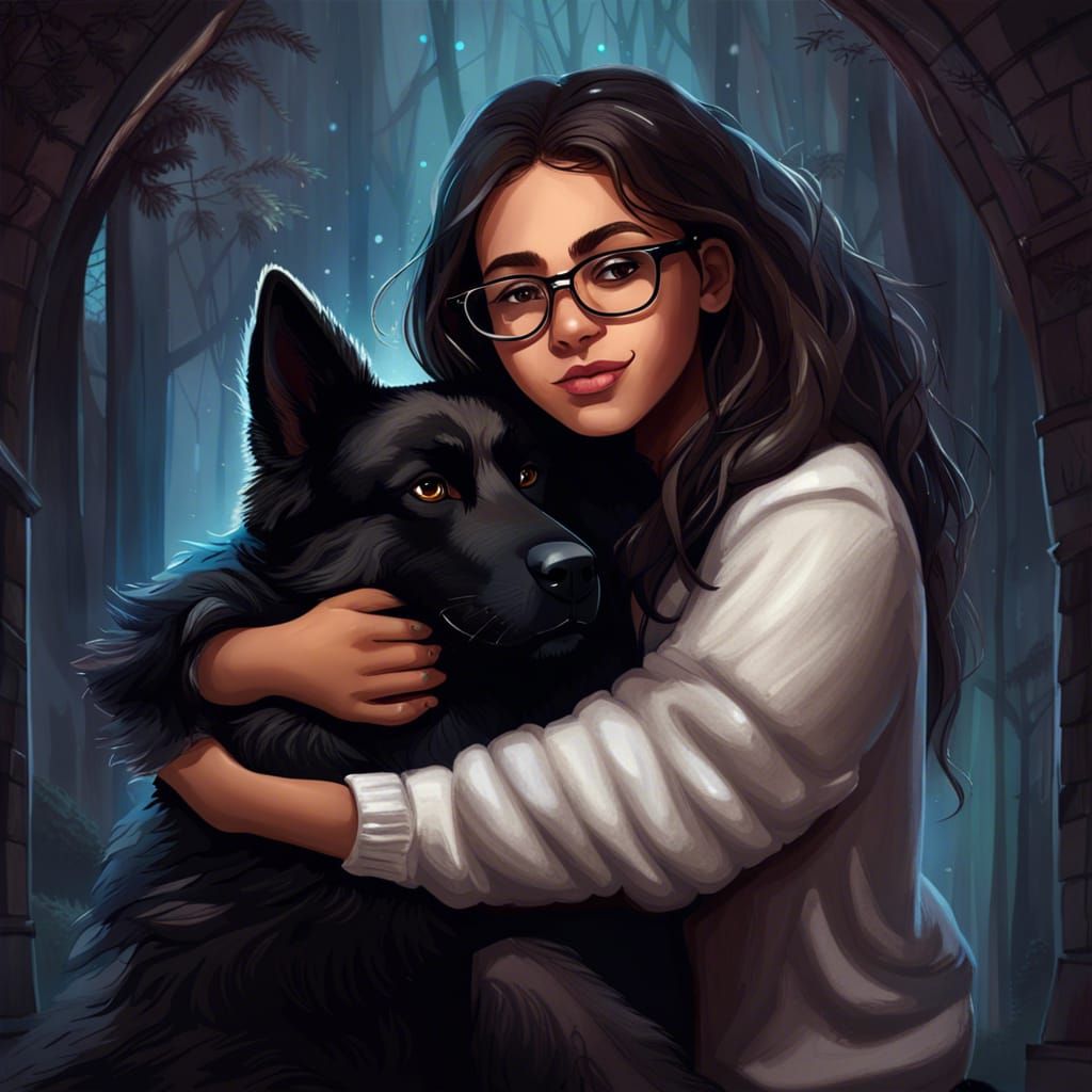 Girl Hugging German Shepherd in Detailed Digital Painting