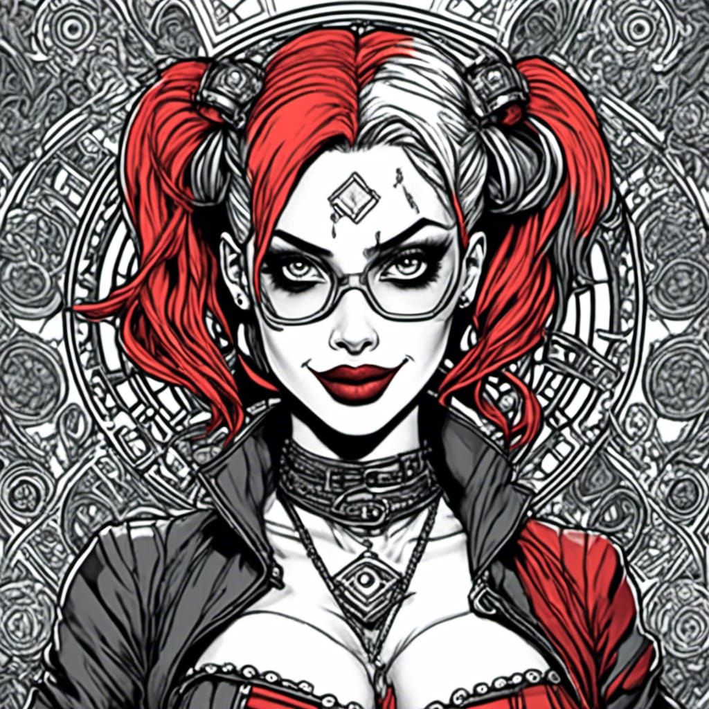 Steampunk Harley Quinn Coloring Page Ink Drawing