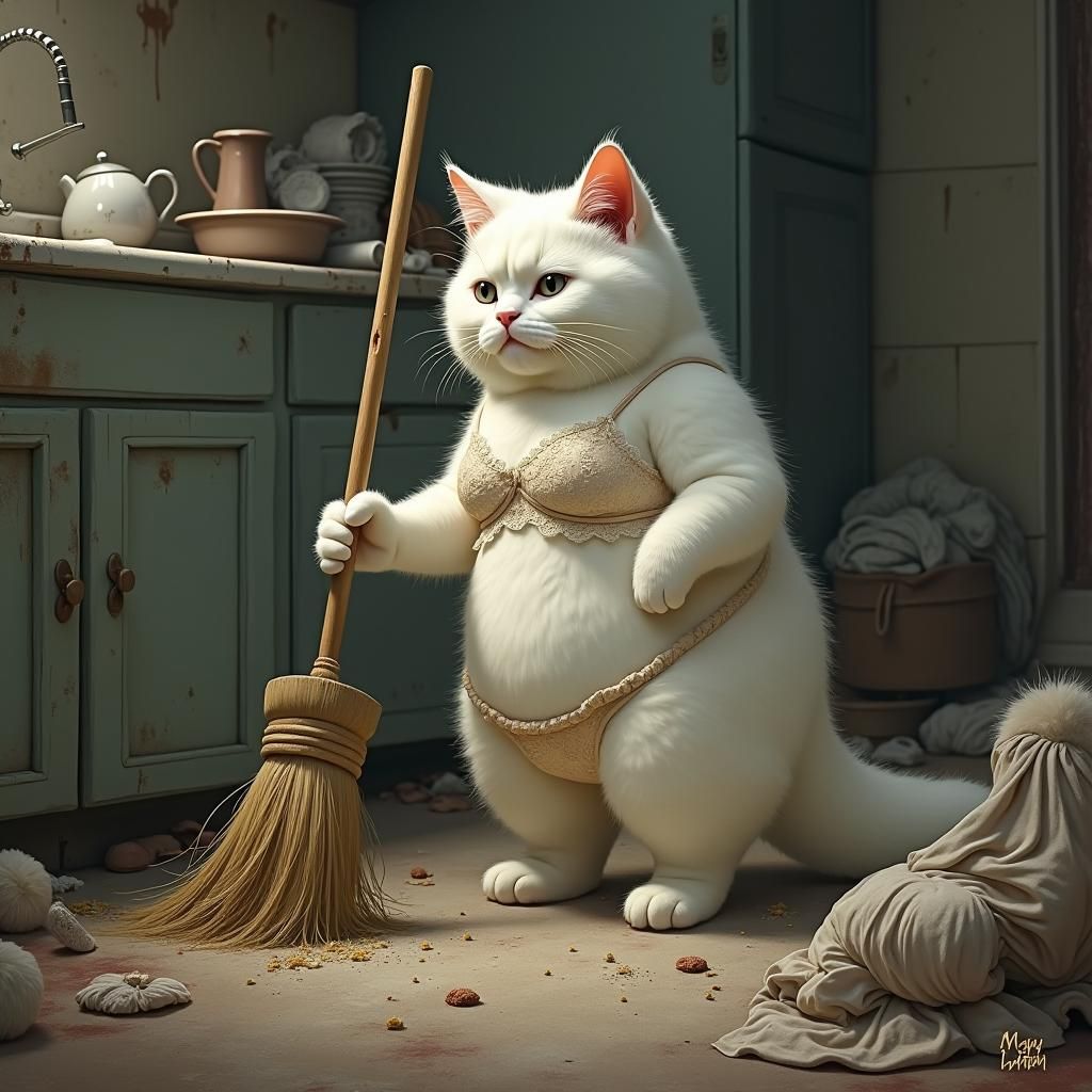 Hyperrealistic Cat in Negligee Sweeping Dirty House