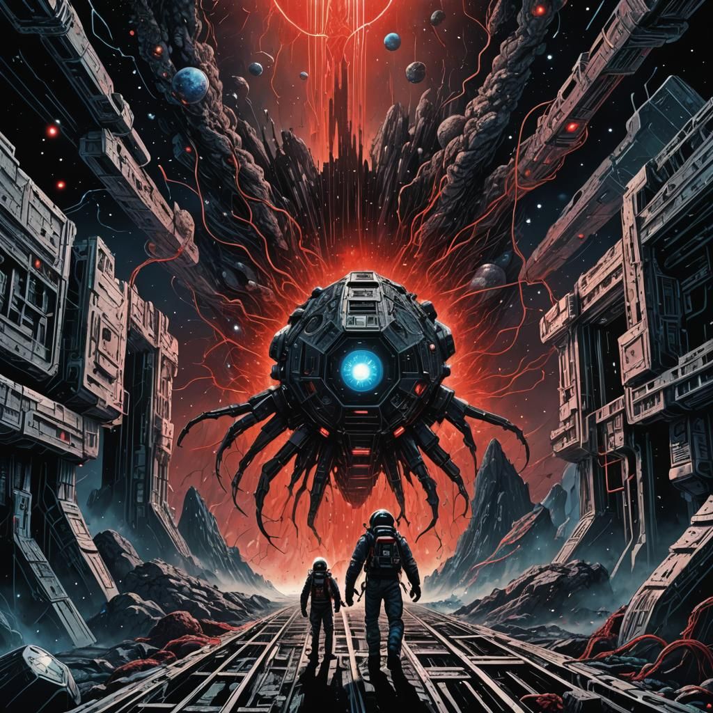 Space Miner Battles Lovecraftian Creature in Anime Style