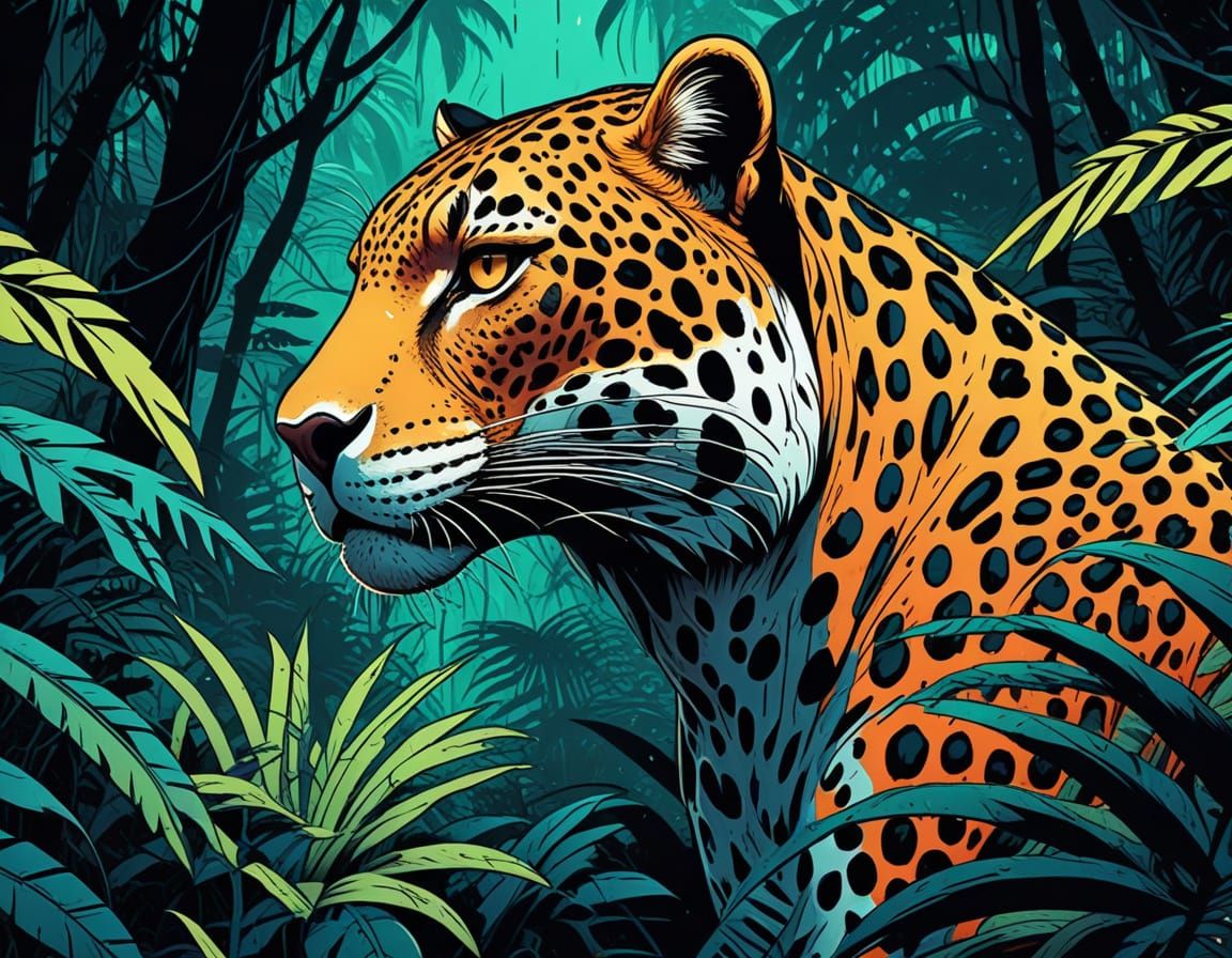Retro Comic Book Leopard in Jungle, Serigraphy Vector