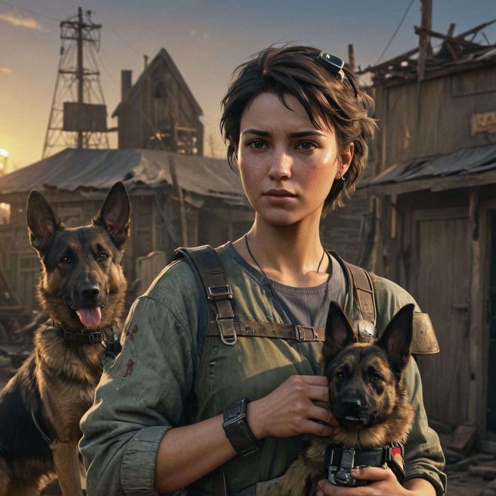 Confident Fallout Woman with Dog in Sunset Light