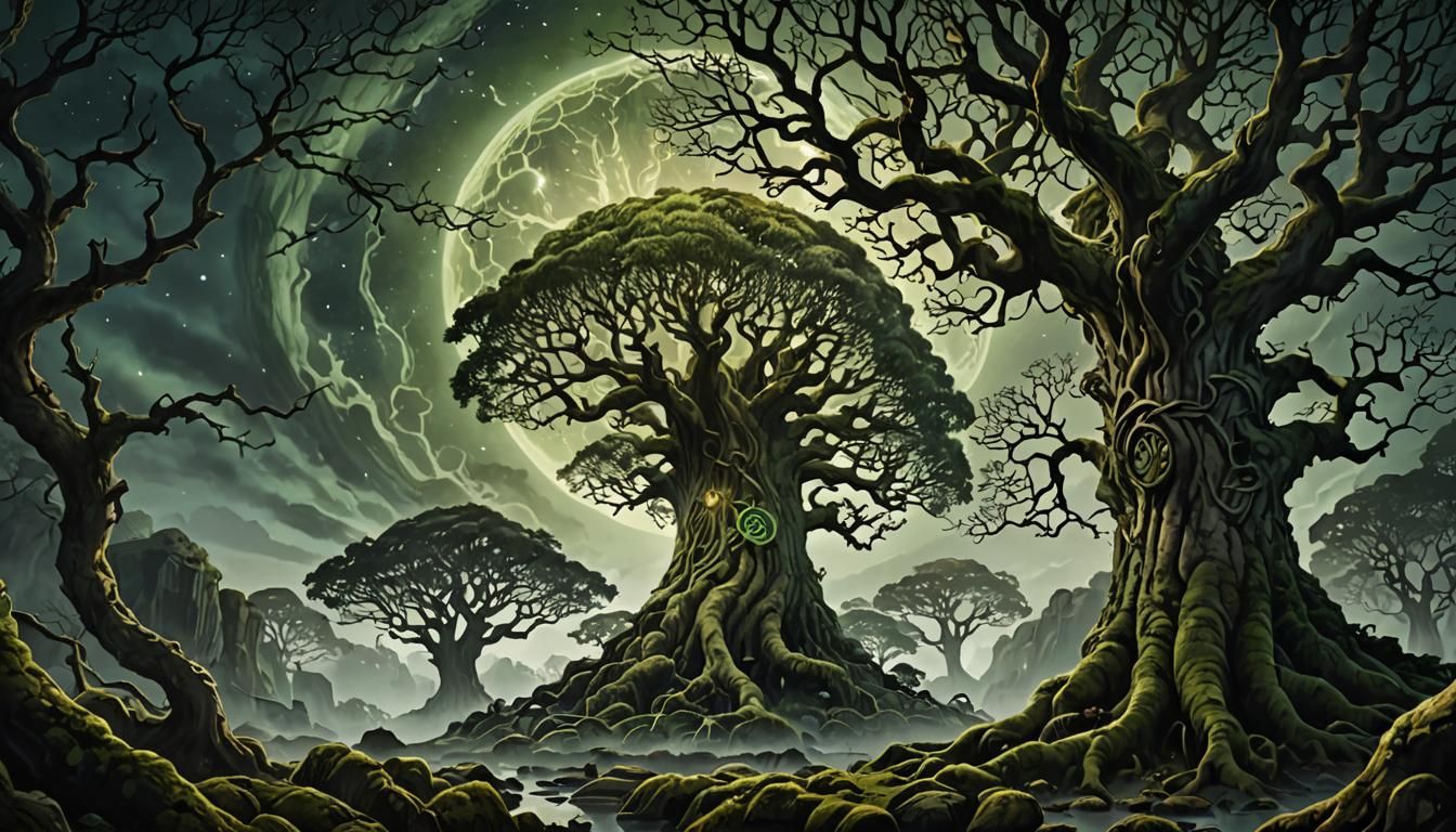 Odin Hanging From Yggdrasil in Mystical Night Scene