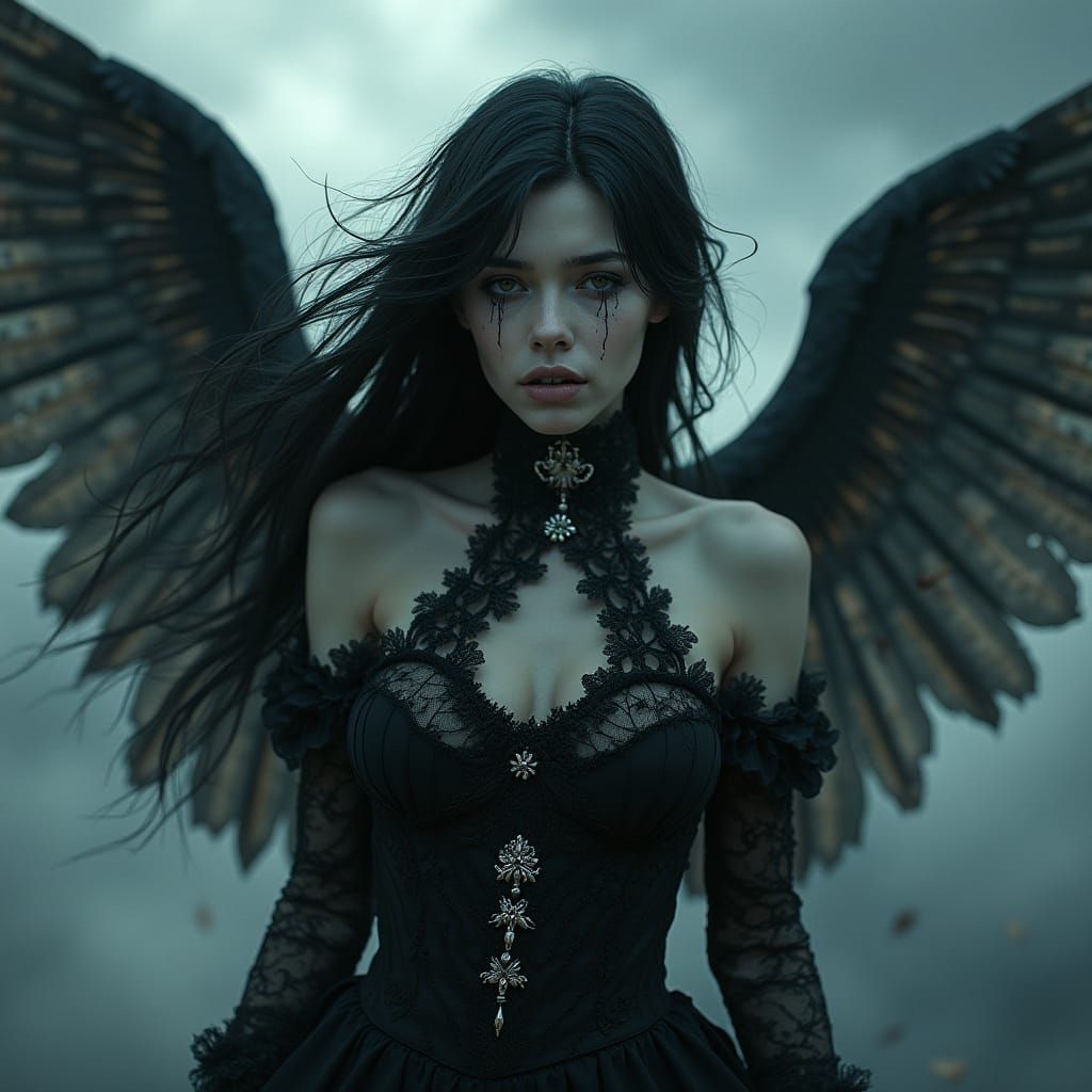 Ethereal Gothic Angel in Victorian Attire, Weeping Amidst a ...