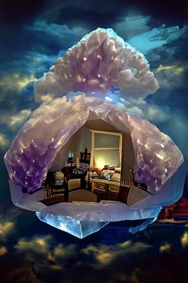 Amethyst Crystal Bedroom with Clouds, Digital Painting