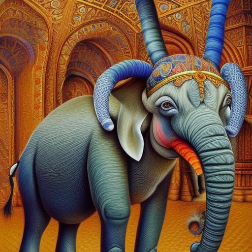 Elephant and Donkey Together as Oil Painting