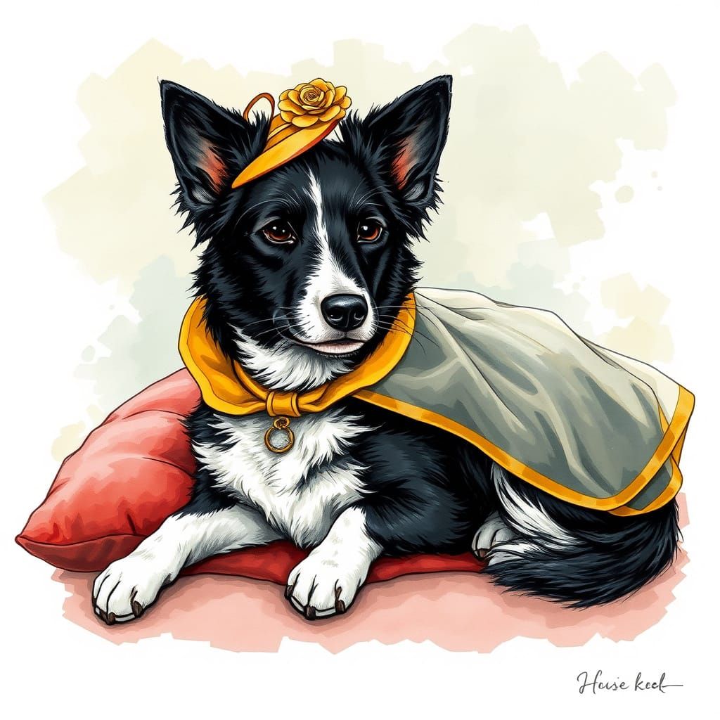 Regal Border Collie Fox-Terrier Mix in Whimsical Illustratio...