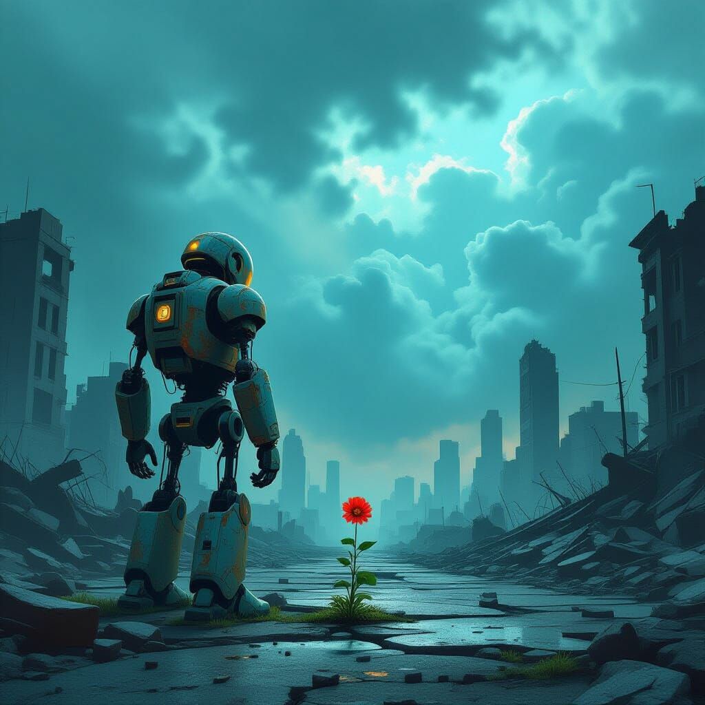 Weathered Robot in Ruined City